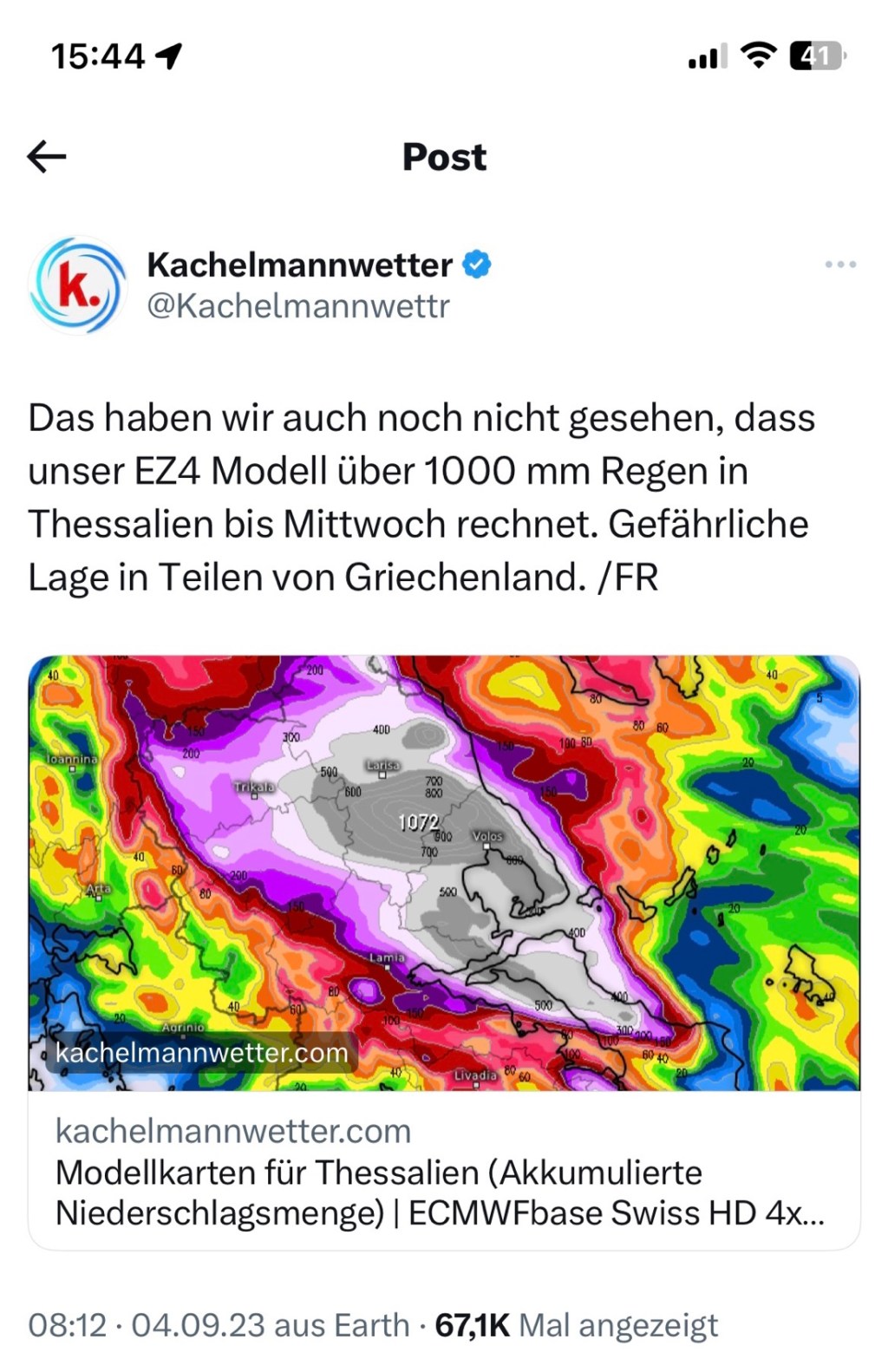 Unwetter in Thessalien 1. Tag (Montag, 4. September&nbsp;23)